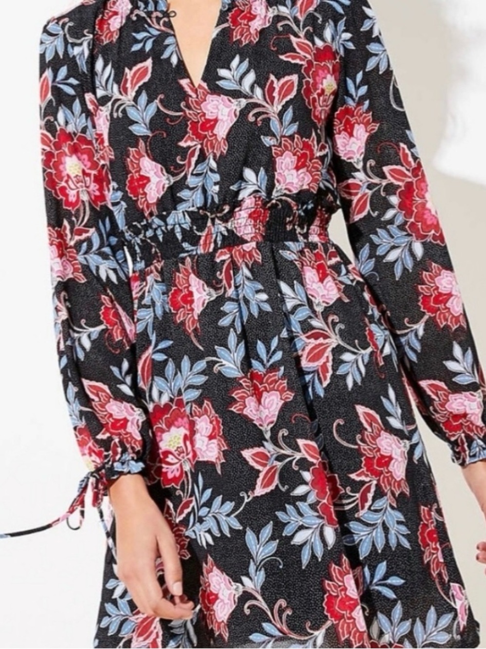 LOFT Floral Polka Dot Smocked Waist Dress Peasant Tie Sleeve Black Red‎ Sz 0